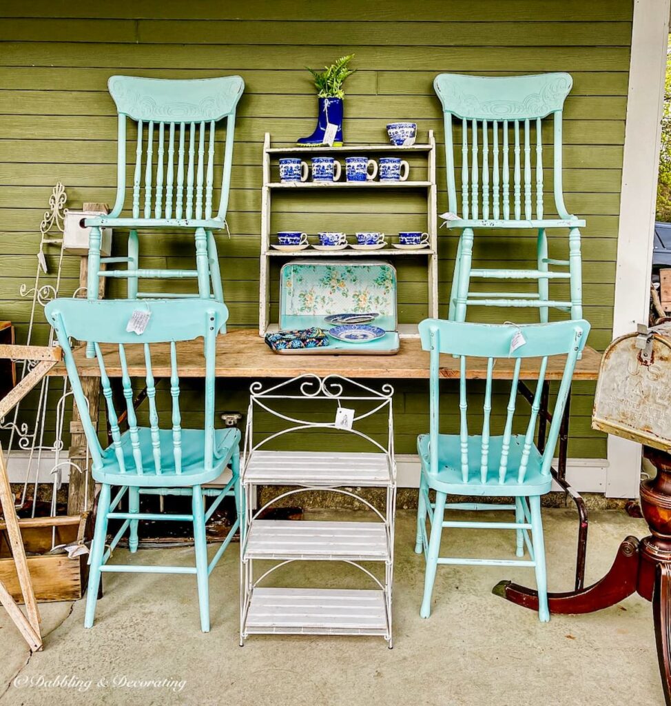 4 turquoise wooden vintage chairs, summer thrift.