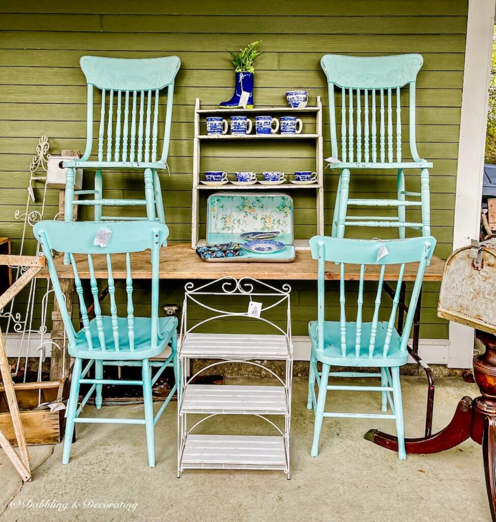 4 turquoise wooden vintage chairs