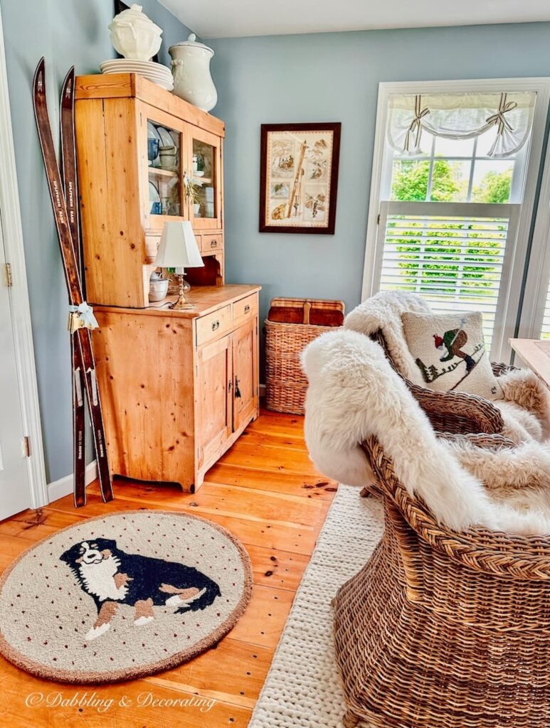 Dining room with basket filled with breadboards