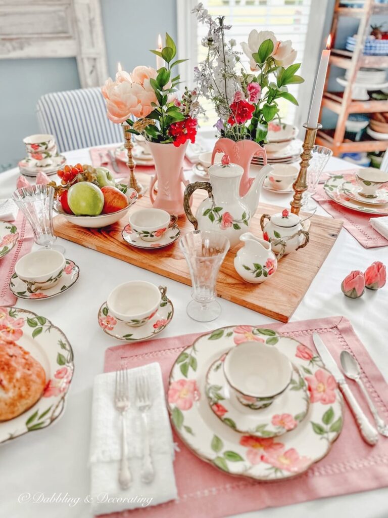 Breadboard Centerpiece with Pink and Green Desert Rose china.