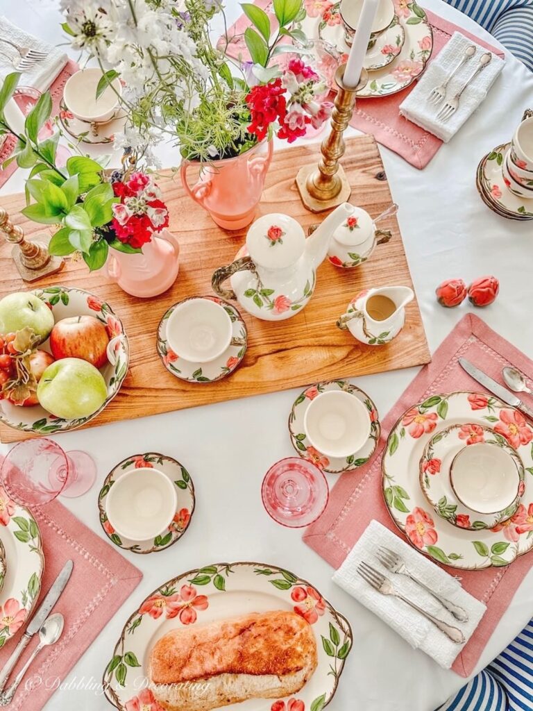 Summer Tablescape with vintage green and pink dinnerware