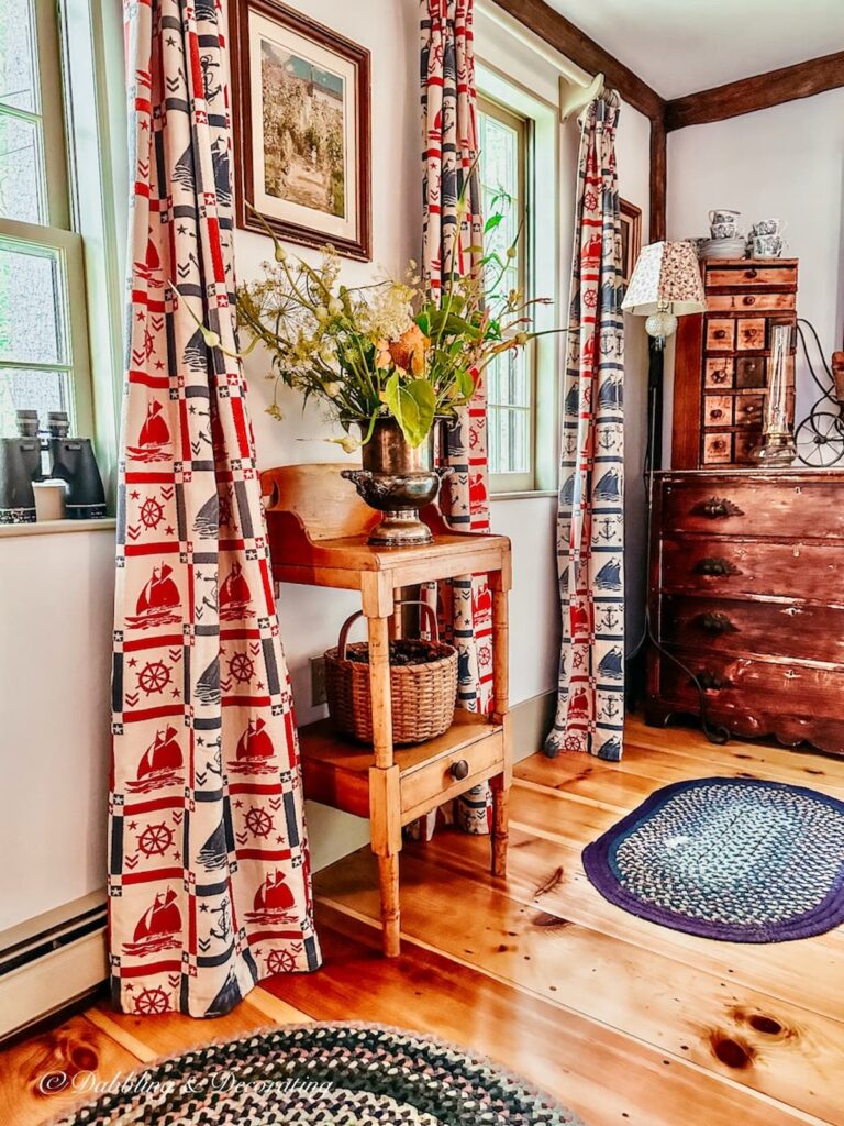 Antique coastal vibe furniture in living room corner.