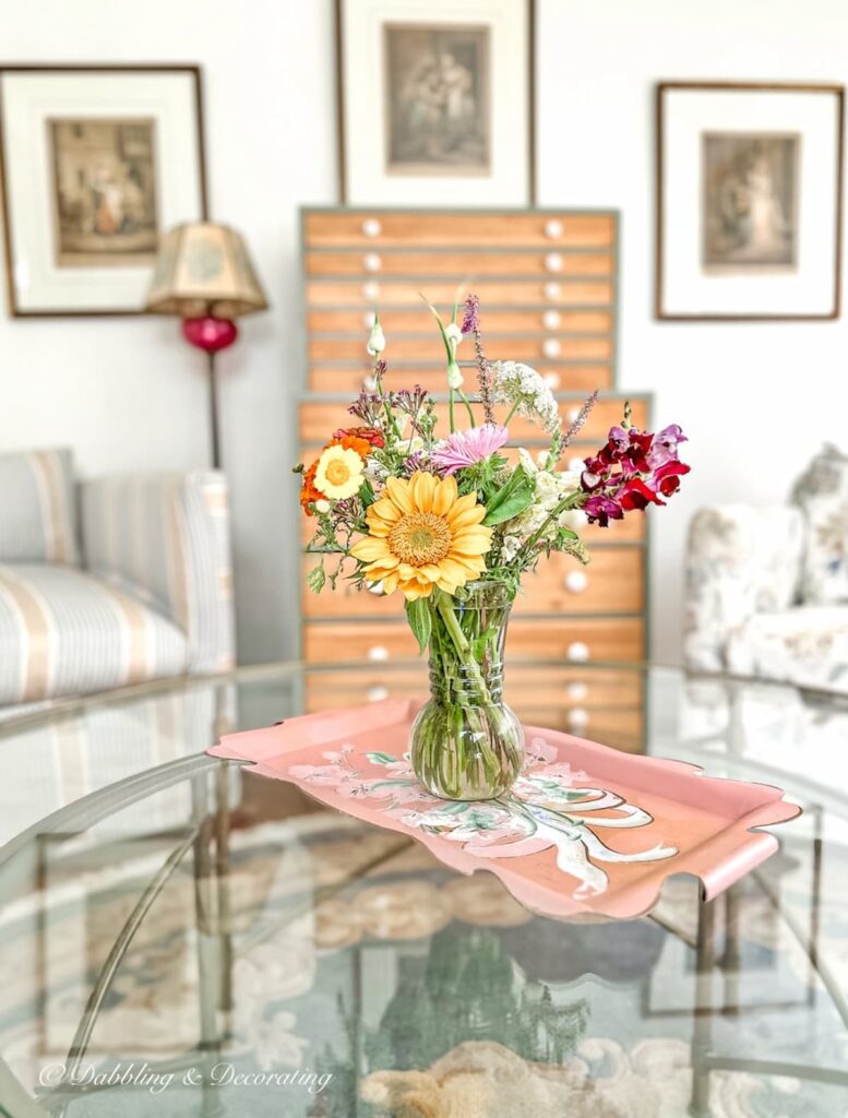 Vintage Toleware Pink Tray on Coffee Table with Flowers