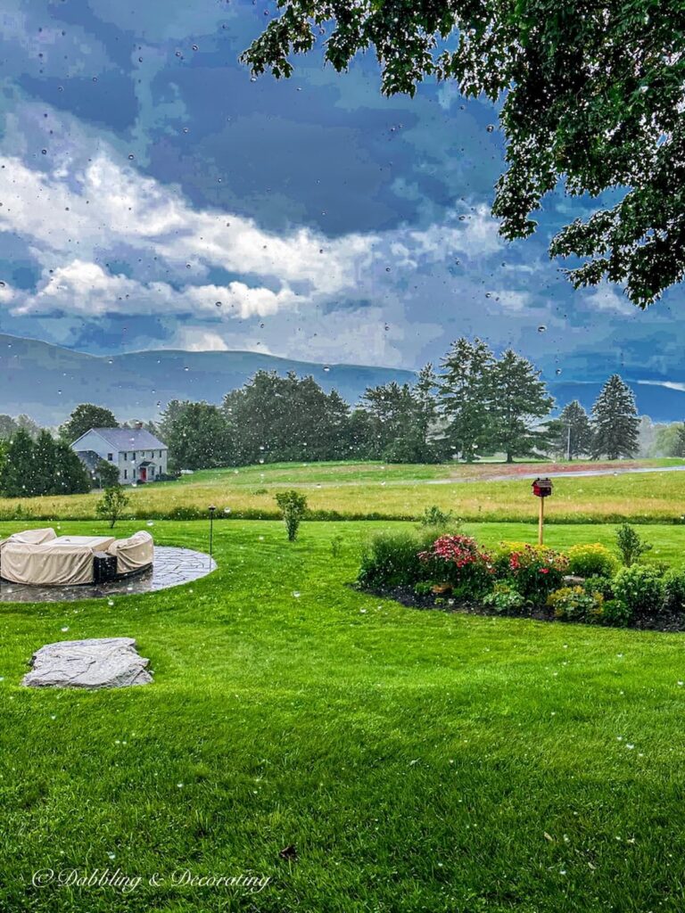 Stormy rainy skies and backyard view