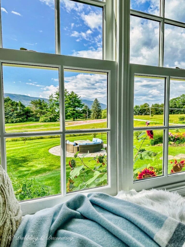 Outdoor Mountain Window View with Sunflowers