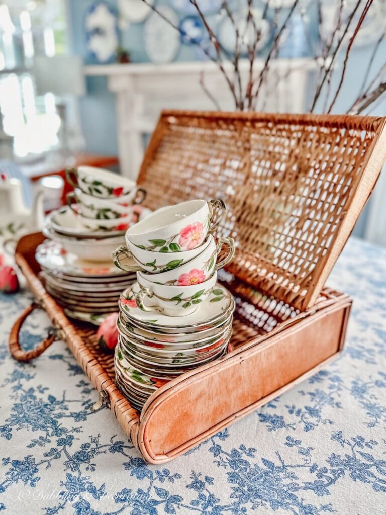 Vintage Wicker Suitcase Filled with Desert Rose Dishes