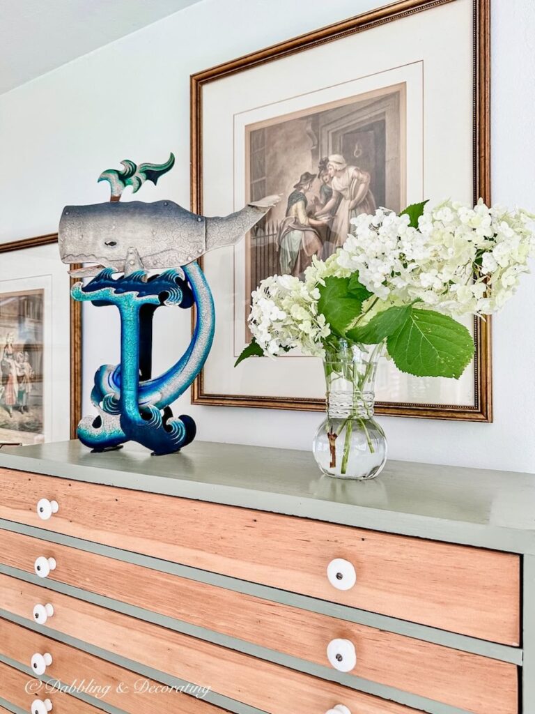 Balancing Toy Whale with White Hydrangeas