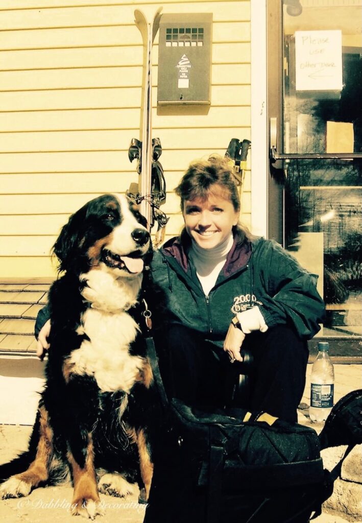 Girl with Bernese Mountain Dog and Skis