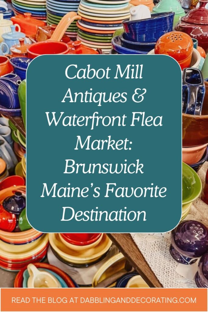 Collections of colorful vintage dishes, bowls, pitchers and more at the Waterfront Flea Market in Brunswick, Maine.