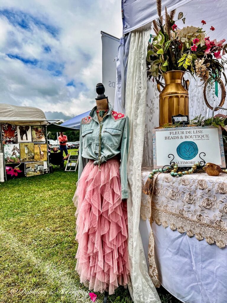 Pink Skirt with Jean Jacket on Mannequin.