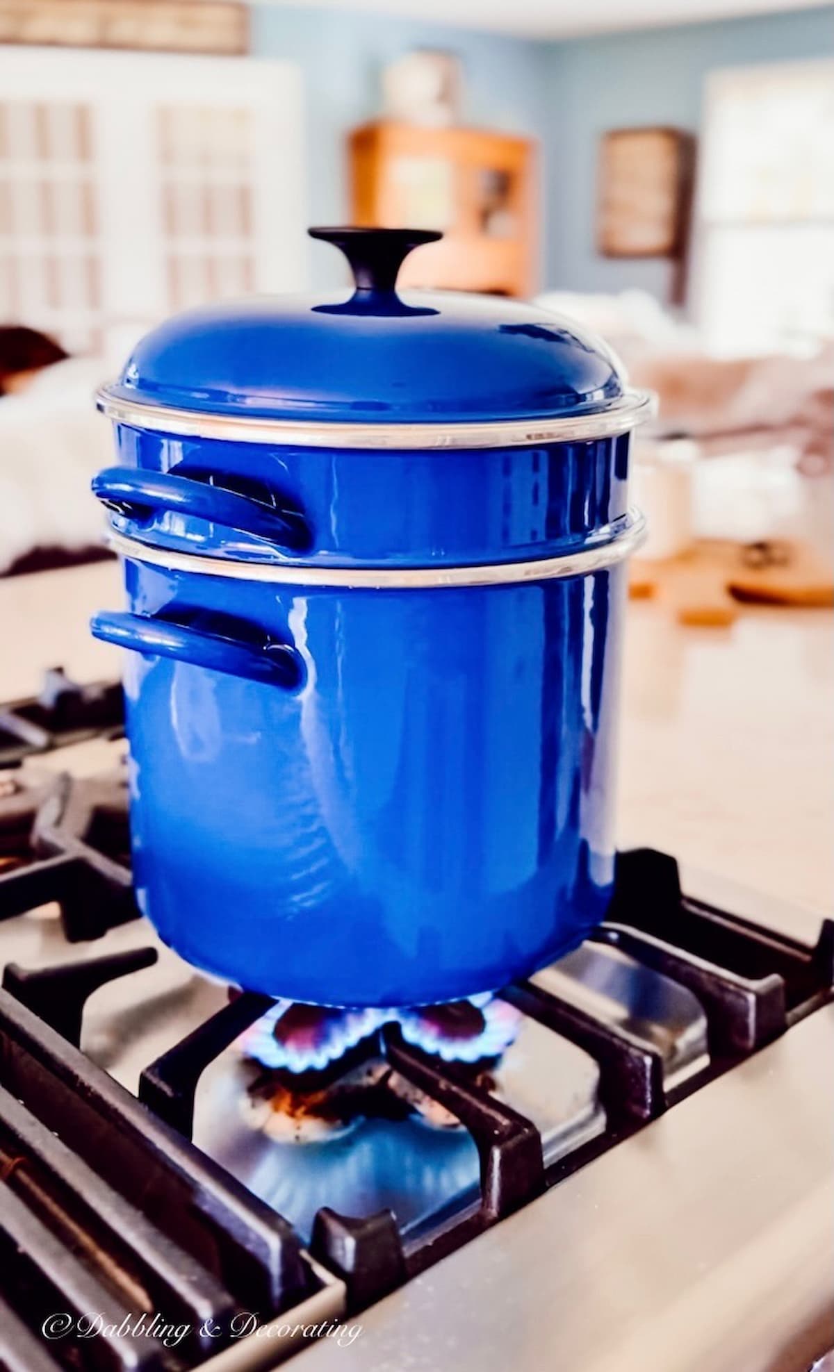 Blue Le Creuset Spaghetti Pot on Stove