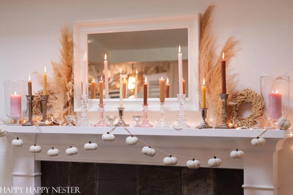 Pink and Orange Fall Decor 2023 Mantel and Candles