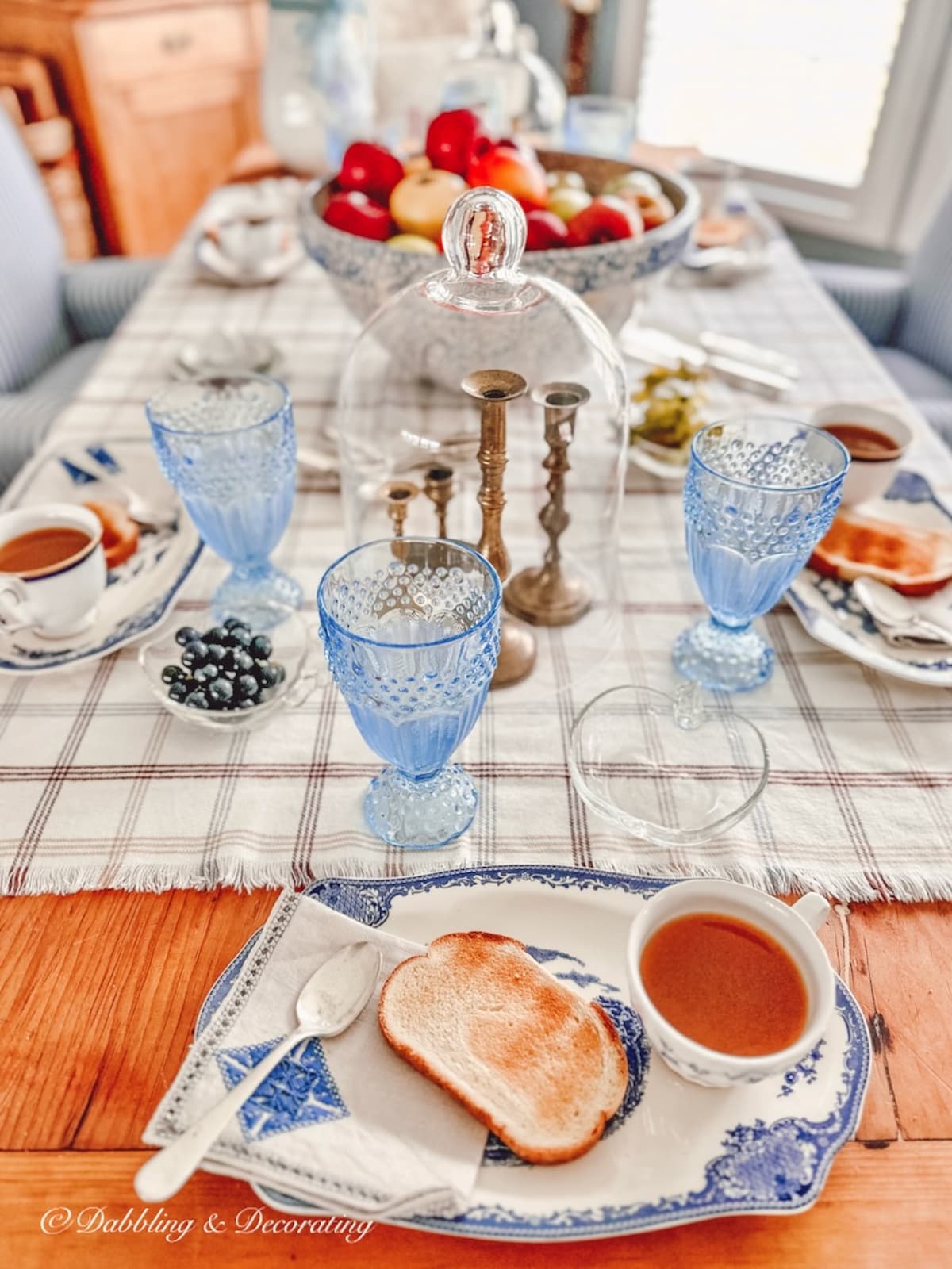 Blue and White vintage Johnson Brothers tea and toast table setting.