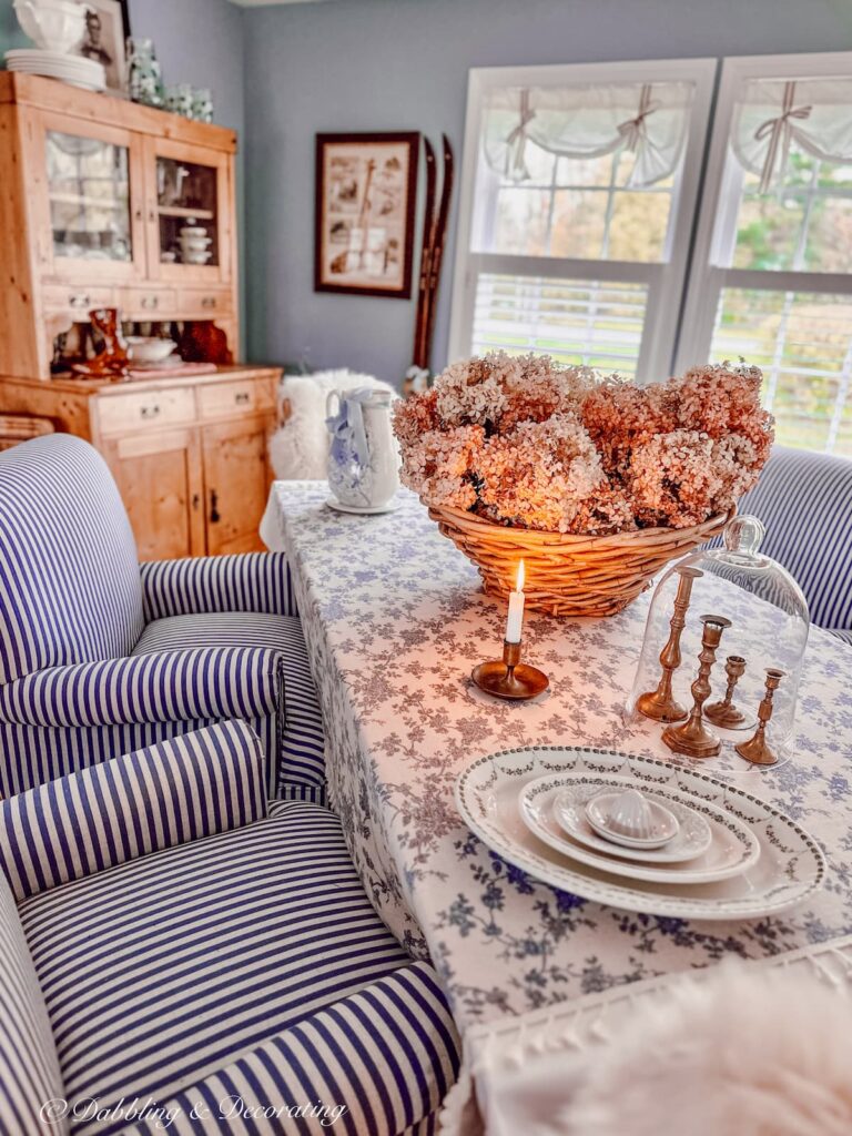 Fall Inspired Cozy Dining Room with Hydrangea centerpiece
