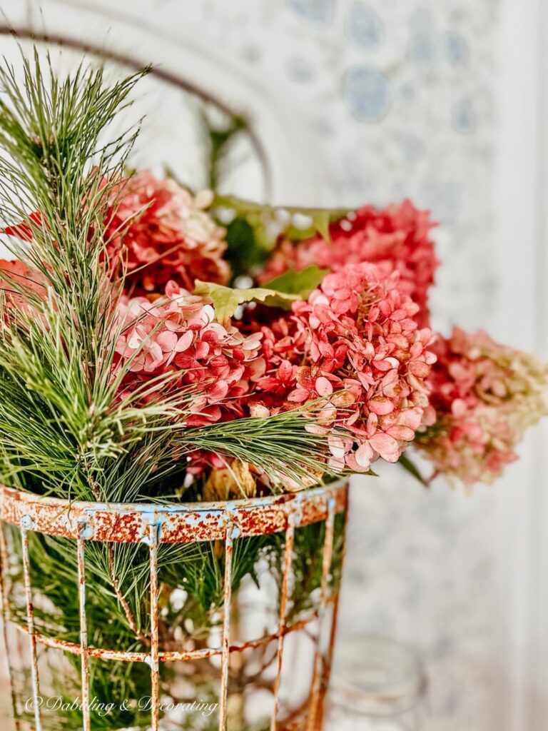 Pink Hydrangeas with Evergreens, Forage Basket Arrangements