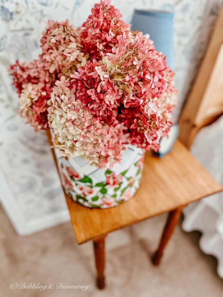 Vintage Tin of Pink Hydrangeas, Forage Basket Arrangements