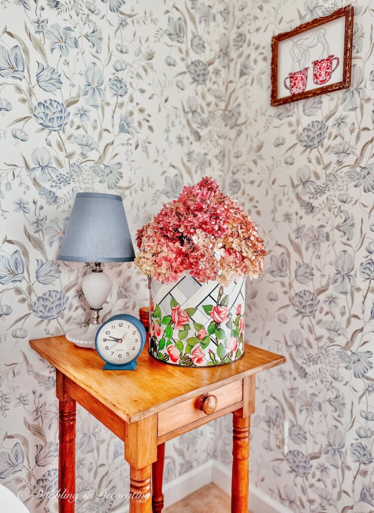 Nightstand with Bouquet of Pink Hydrangeas