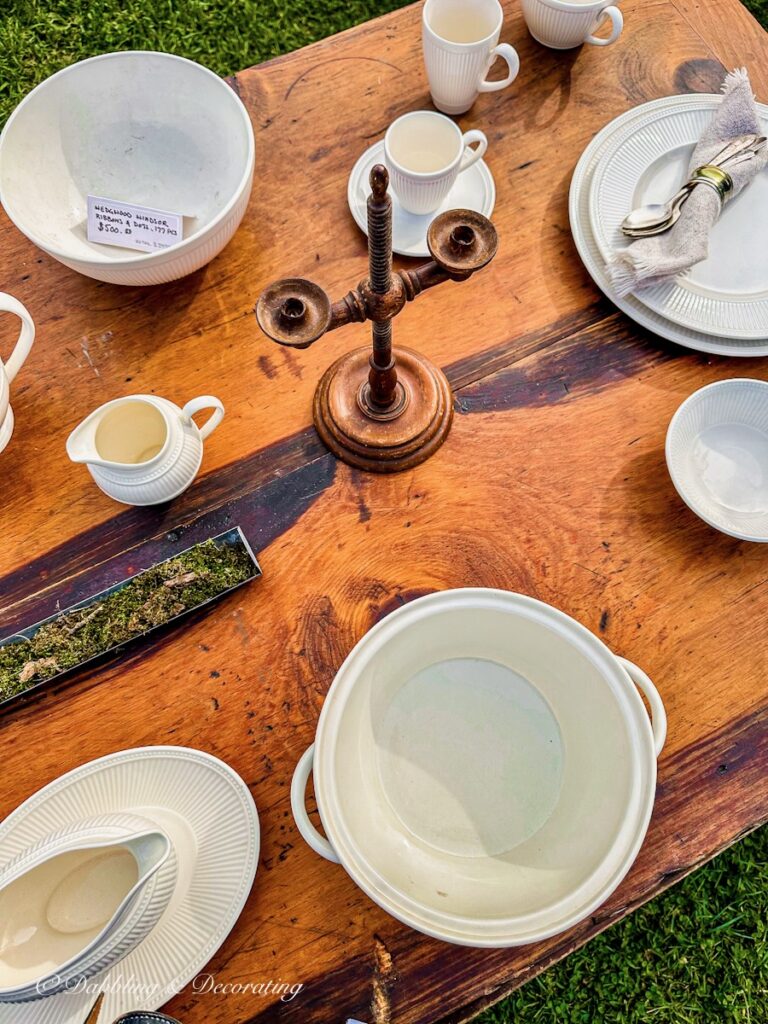 Vintage Wooden Table with antique white dinnerware