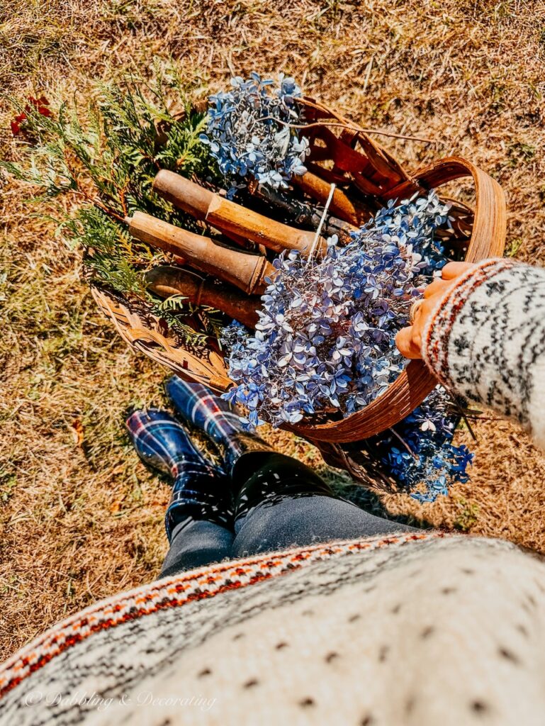 Basket of Antlers, evergreens, and blue hydrangeas