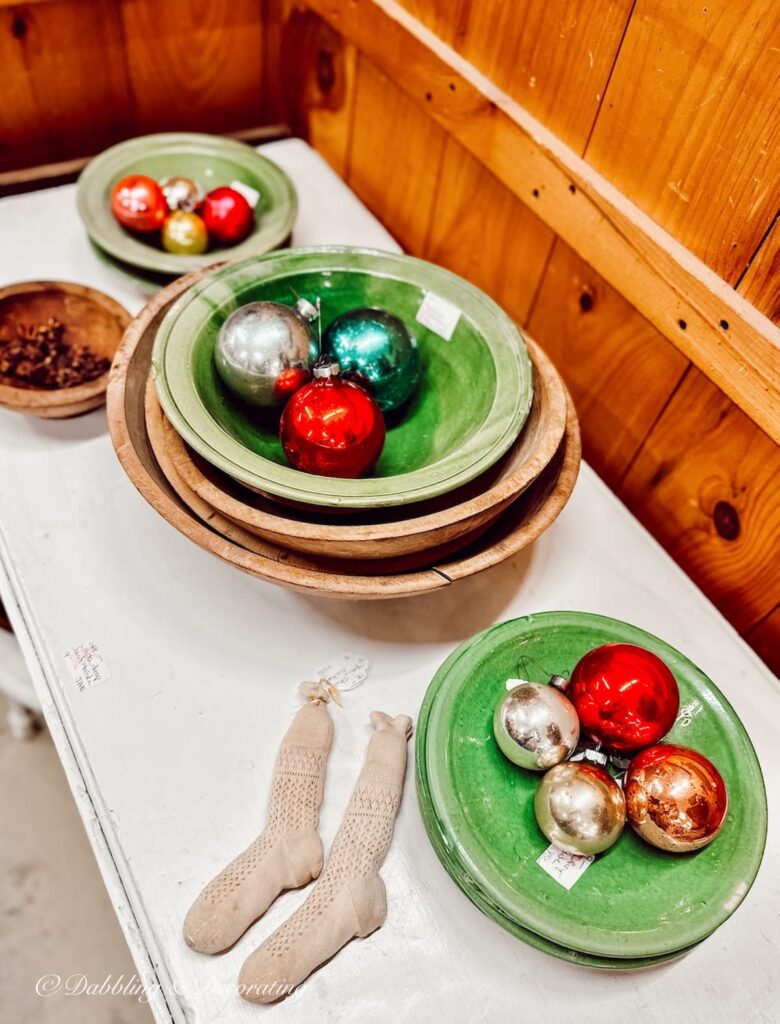 Green Bowls with Christmas Ornaments