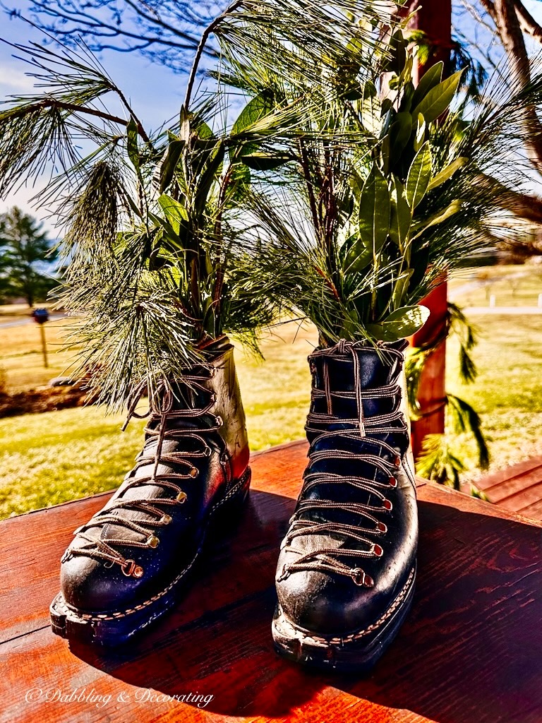 Vintage Ski Boots with Greenery