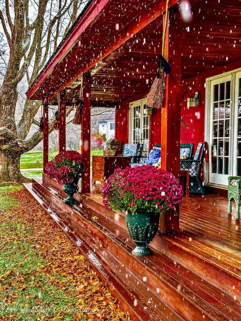 Red House Porch with Snowfall