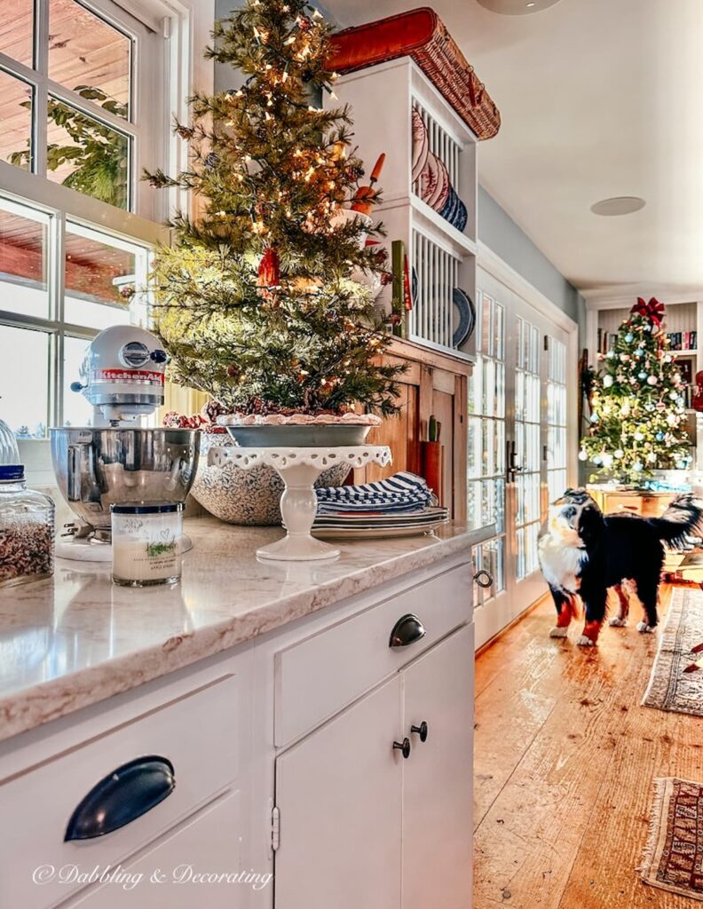 A festive kitchen adorned with a Christmas tree and accompanied by a joyful dog.