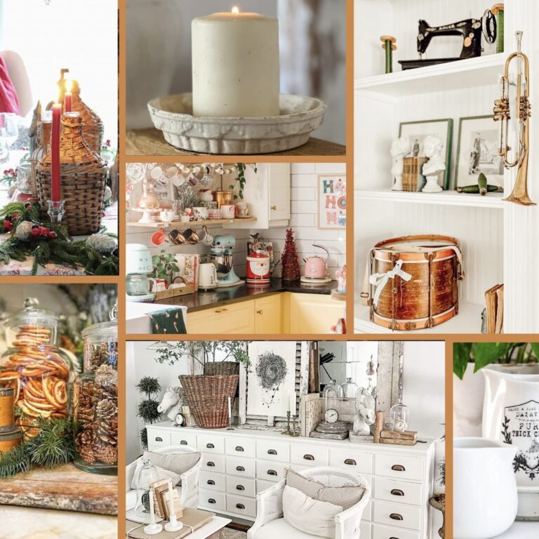 A collage of vintage Christmas decorations in a kitchen.