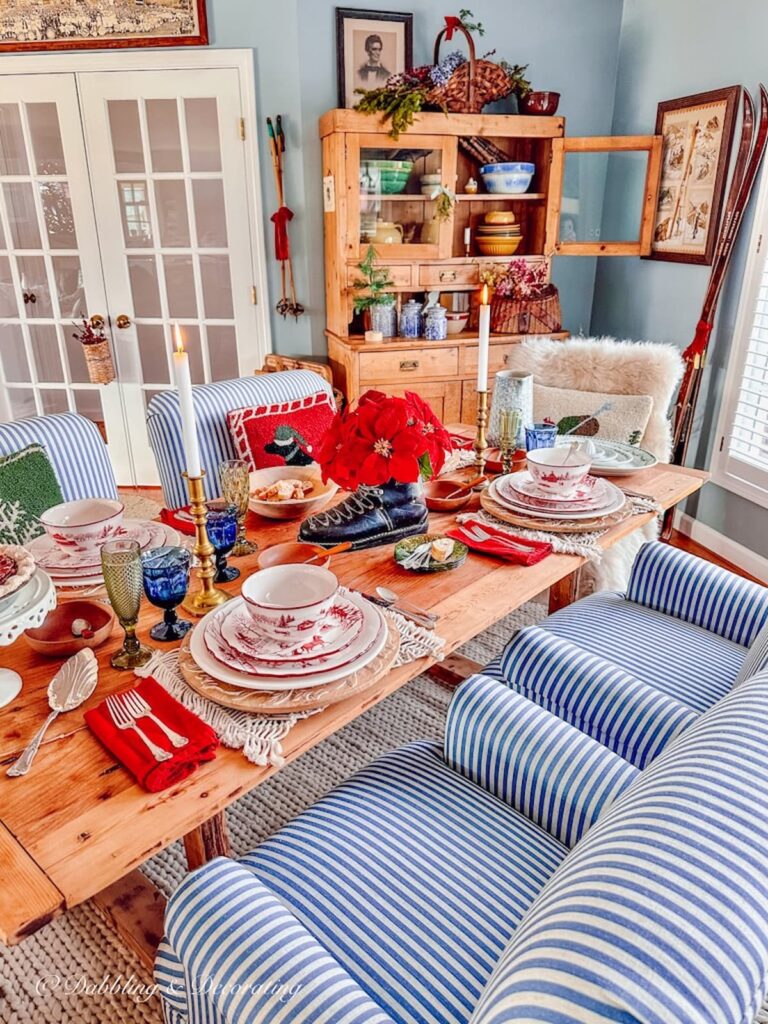 Après-Ski Table Setting Ideas for a Cozy Winter Gathering in Vermont home's dining room.