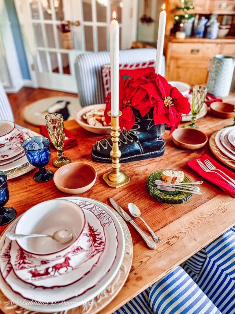 A festive holiday table setting with red, white, and blue plates for a patriotic touch.