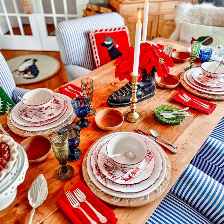 Colorful Christmas Table Setting with Cabin Decor