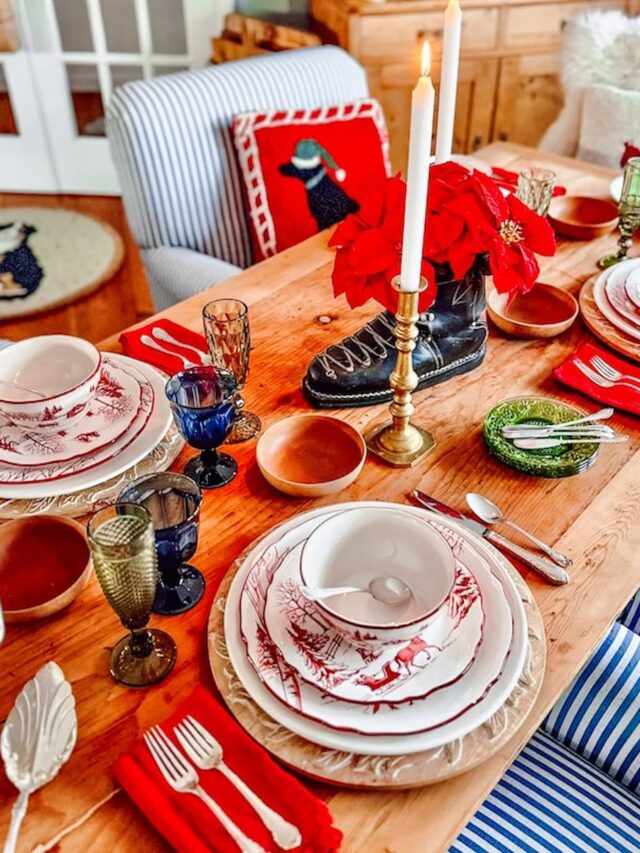 Après-Ski Table Setting Ideas styled in red rustic charm for winter. Apres ski decor ideas.