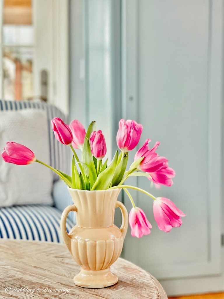 Pink tulips in vintage yellow McCoy vase