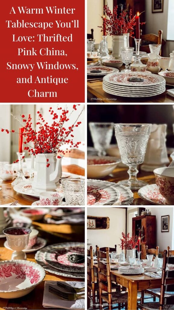 A Warm Winter Tablescape You’ll Love: Thrifted Pink China, Snowy Windows, and Antique Charm photo collage.