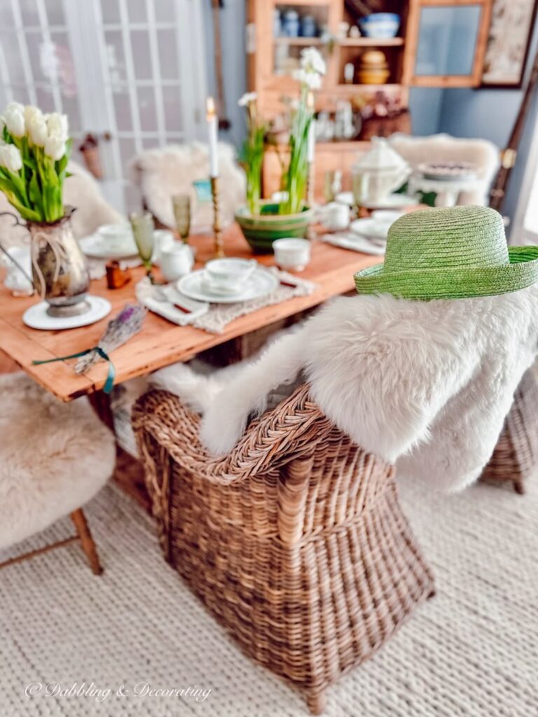 Royal Tara China Table Setting with Green and White accents.