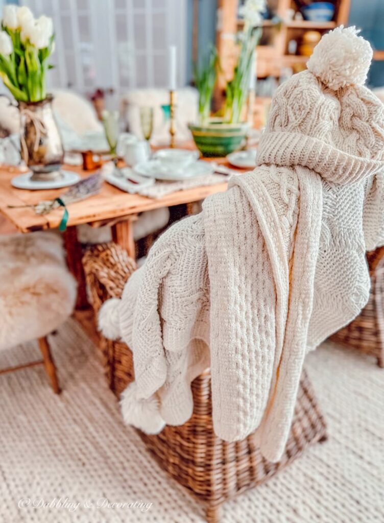 Irish Knit hat and scarf on  Saint Patrick Day Table Chair