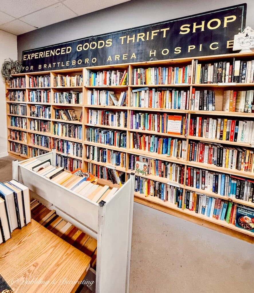 Thrift shop with wall of old books in a Vermont shop.