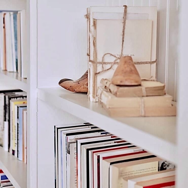 Vintage Books wrapped in Twine on Bookshelf with shoe molds