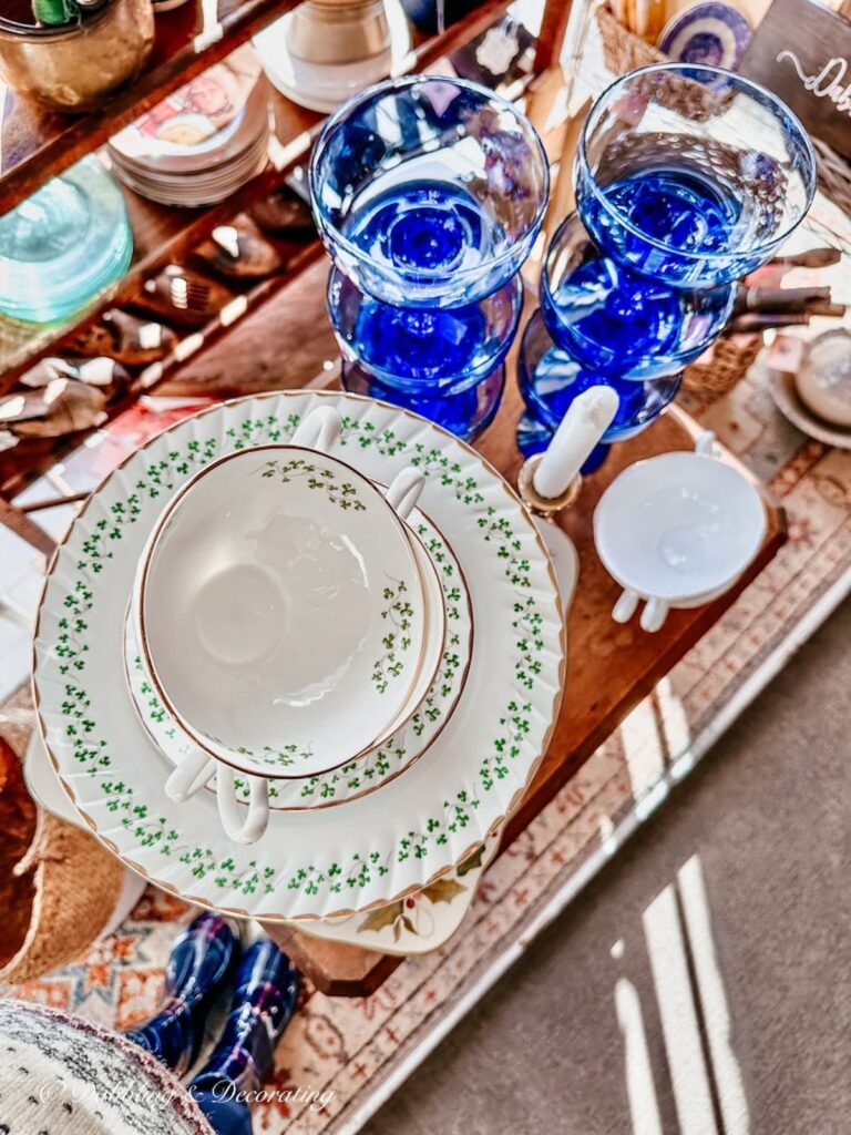Royal Tara China and Blue glassware in Vintage Booth