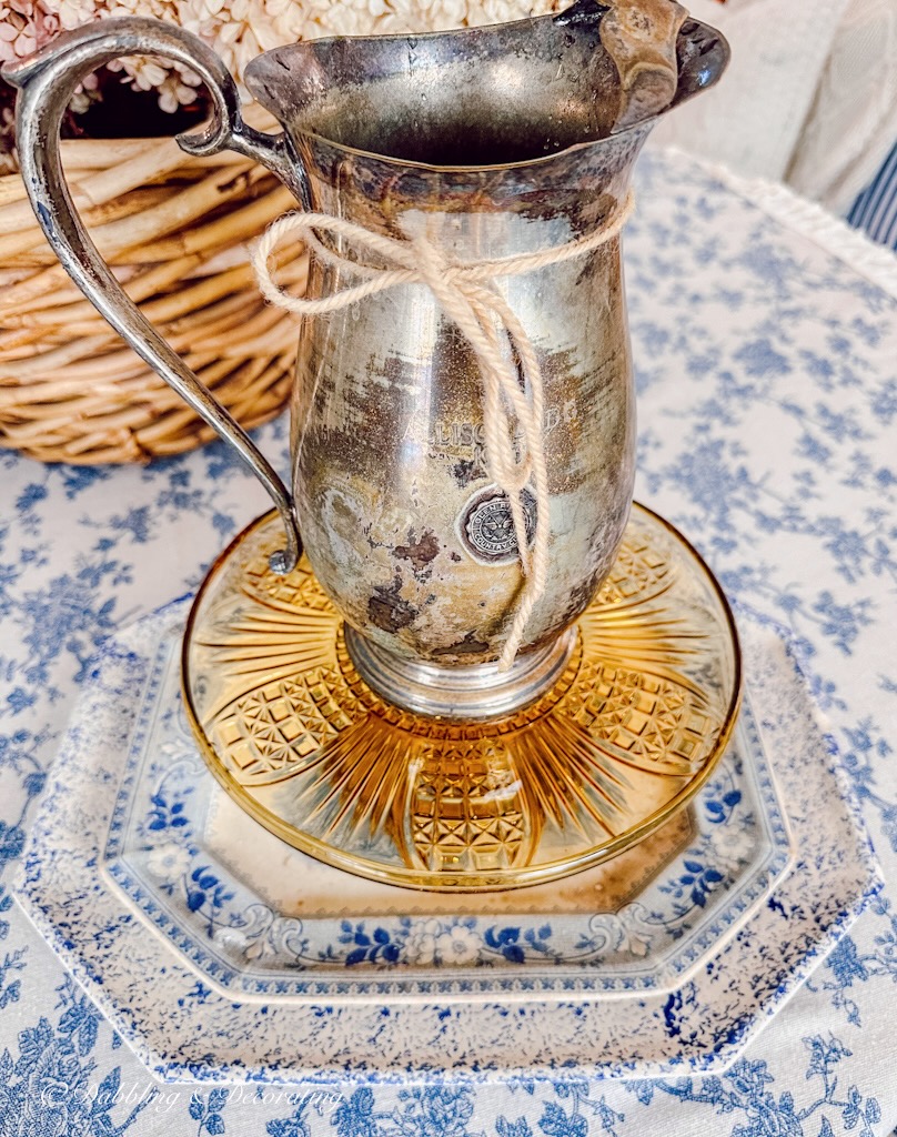 Vintage Finds:  Silver Pitcher, Amber Cake Plate, 2 Blue and White platters