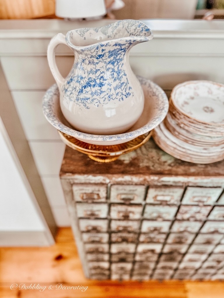 Vintage Spongeware Pitcher on Apothecary and Amber Cake Stand