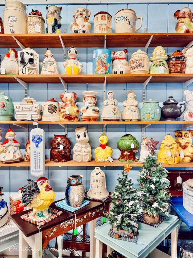 shelves filled with vintage cookie jars. what is thrifting