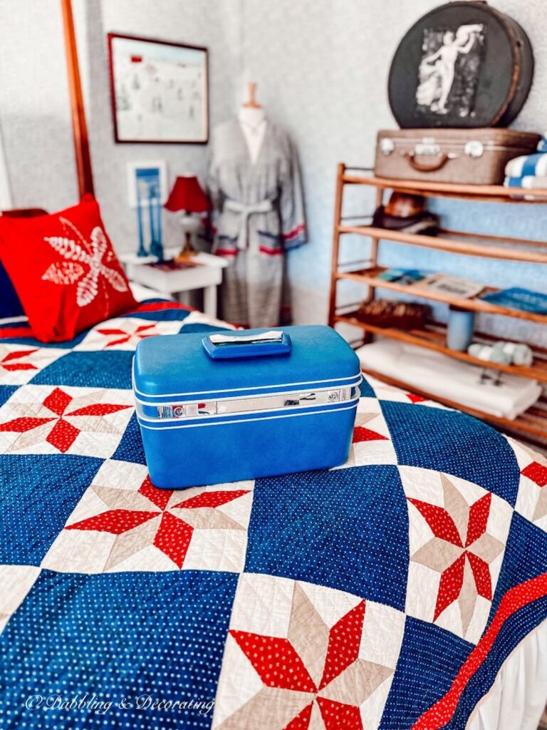 Vintage suitcase collection in winter bedroom