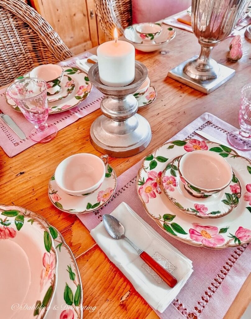 Pink and Green vintage table setting for Galentine's Day Brunch.