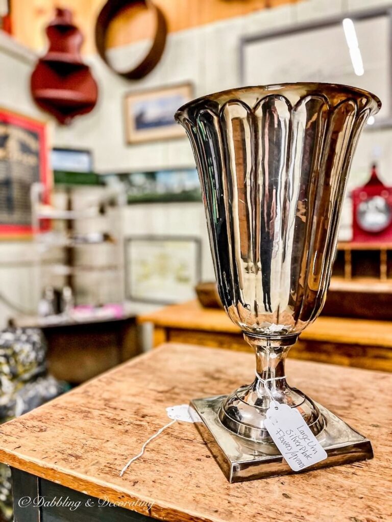 Vintage Silver Vase in Antique Store.