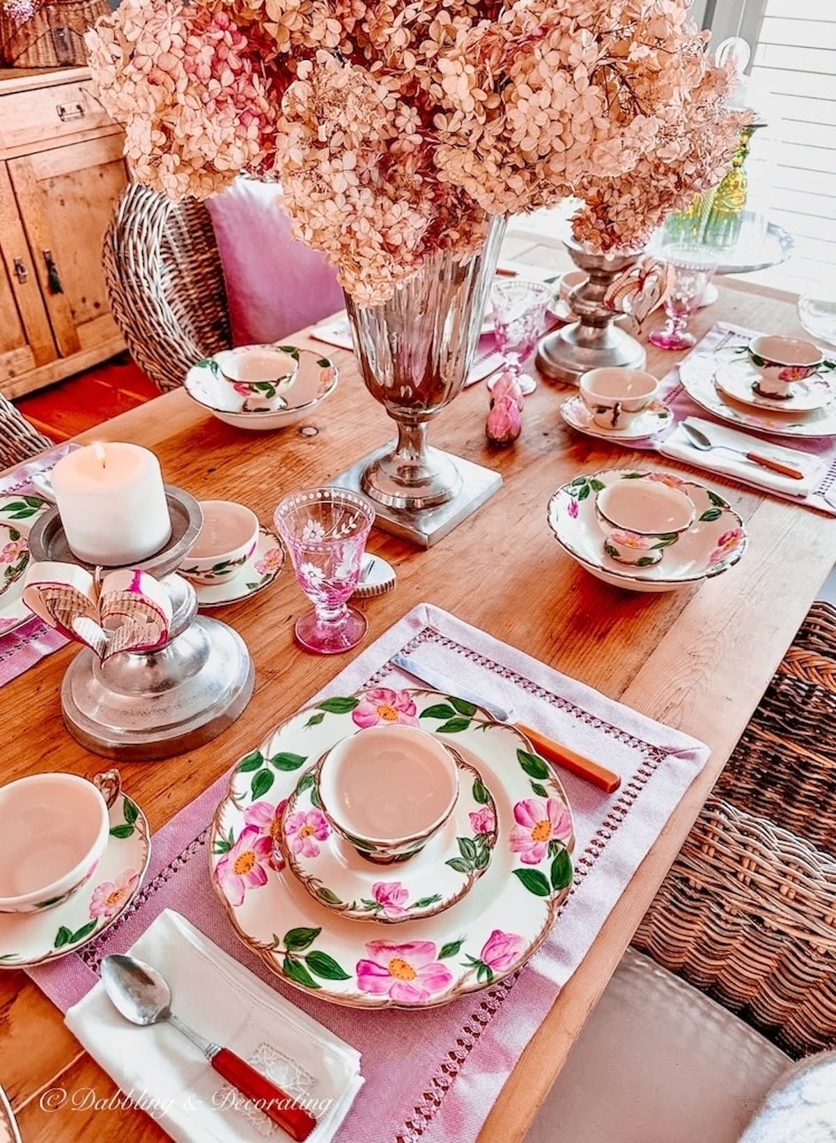 Vintage Galentine's table setting pretty in pink with Desert Rose place settings and Pink hydrangeas centerpiece.
