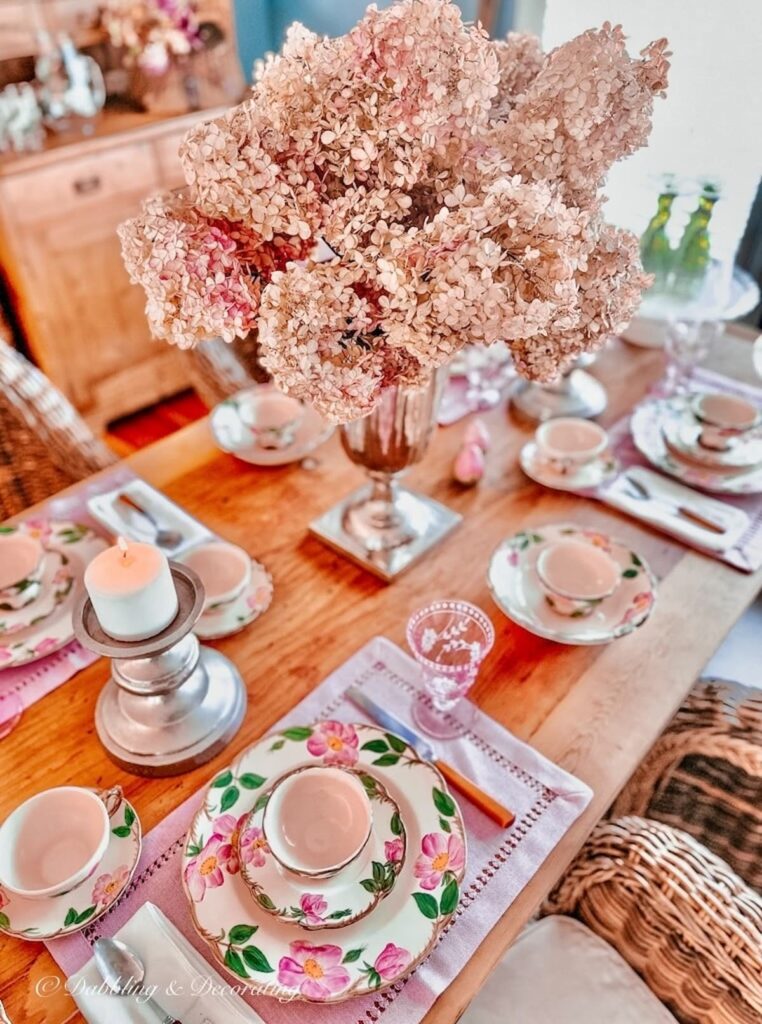 Pink Hydrangeas Centerpiece on Galentine's Day Brunch table.