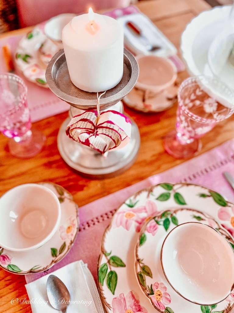 Table Candle with hearts and Galentine's Day table setting