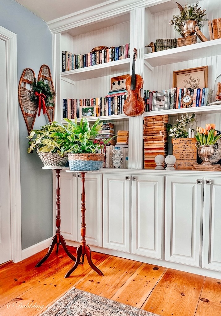 Two marble plant stands with plants next to bookshelves