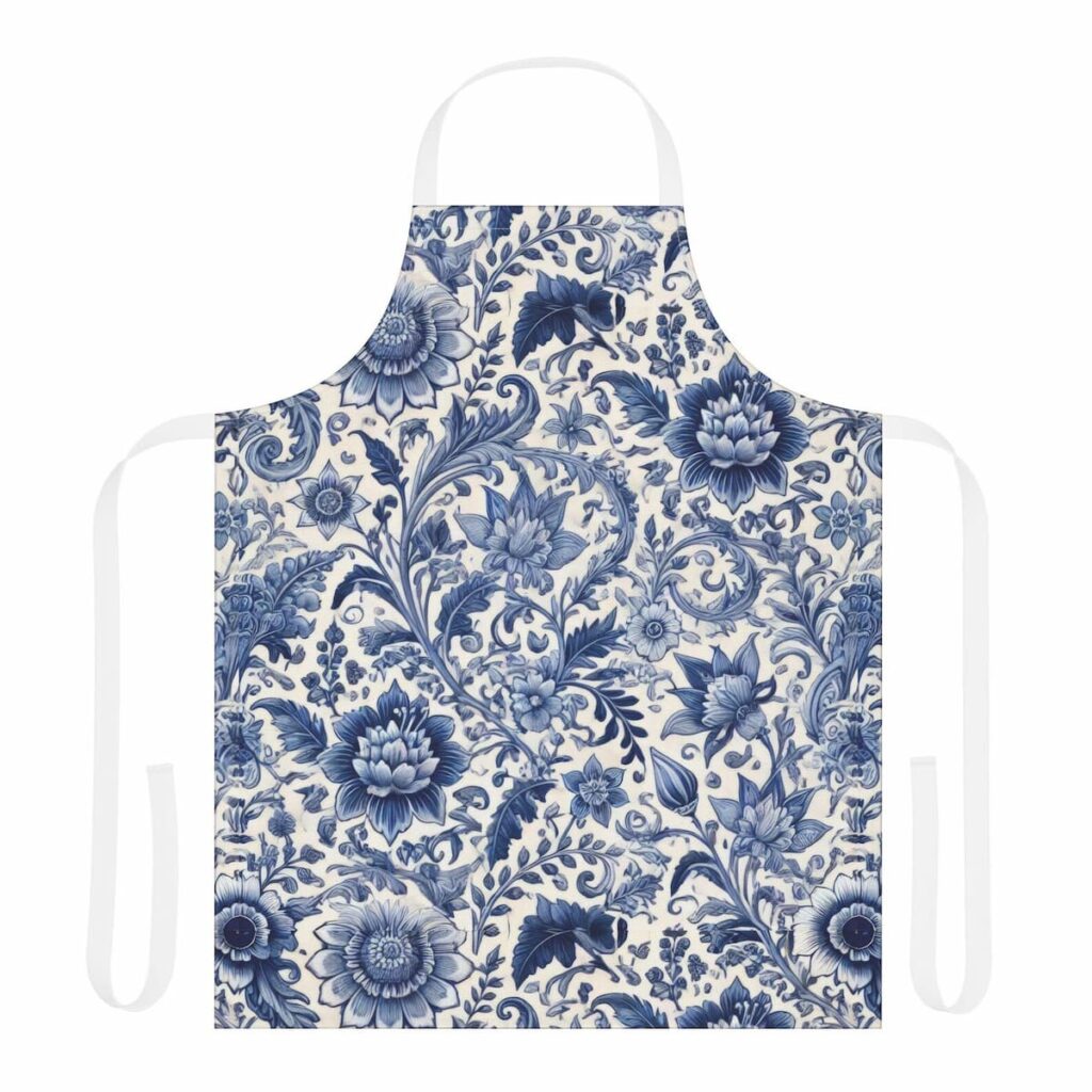 Blue and white chinoiserie apron for blue and white gifts for her.